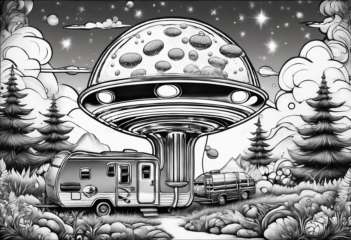 thinner rocketship with a psychedelic mushroom top with fire coming out the bottom bursting out of bubble as the bubble pops with an rv tattoo idea