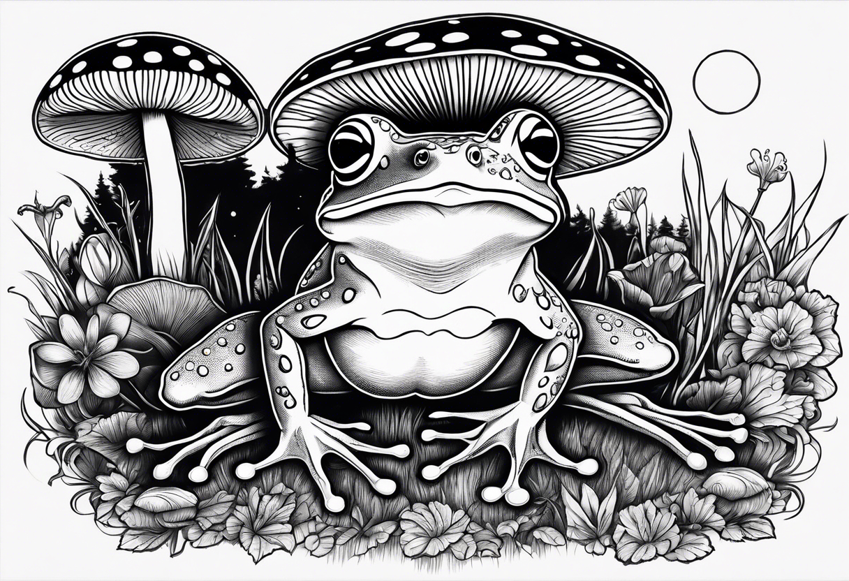 dancing frog under the moonlight mushroom in the Background mystical tattoo idea