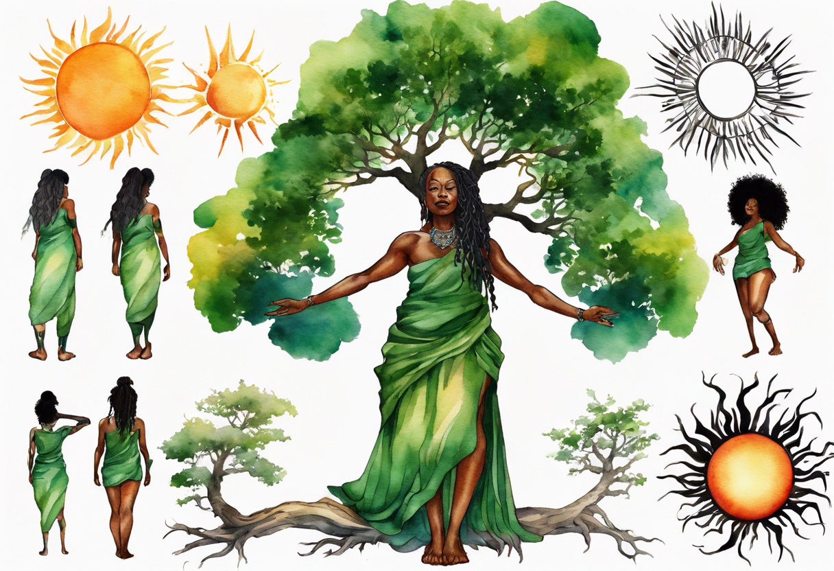 a tree trunk with roots that is a black woman from the waist up, feet made of tree roots, wearing a green tunic, arms stretched upwards towards the blazing sun tattoo idea