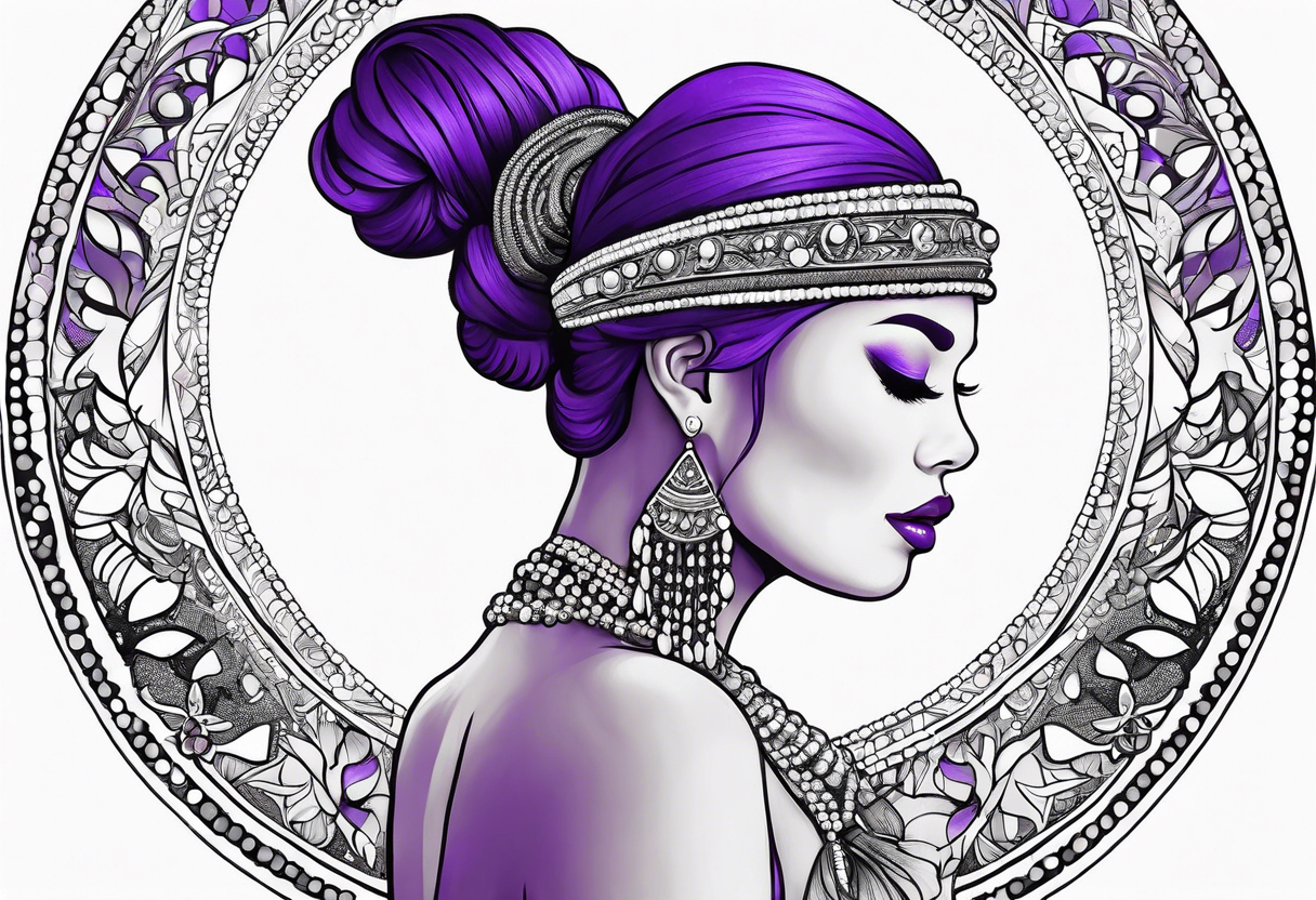 woman wearing bead headband, standing next to magical purple buffalo tattoo idea