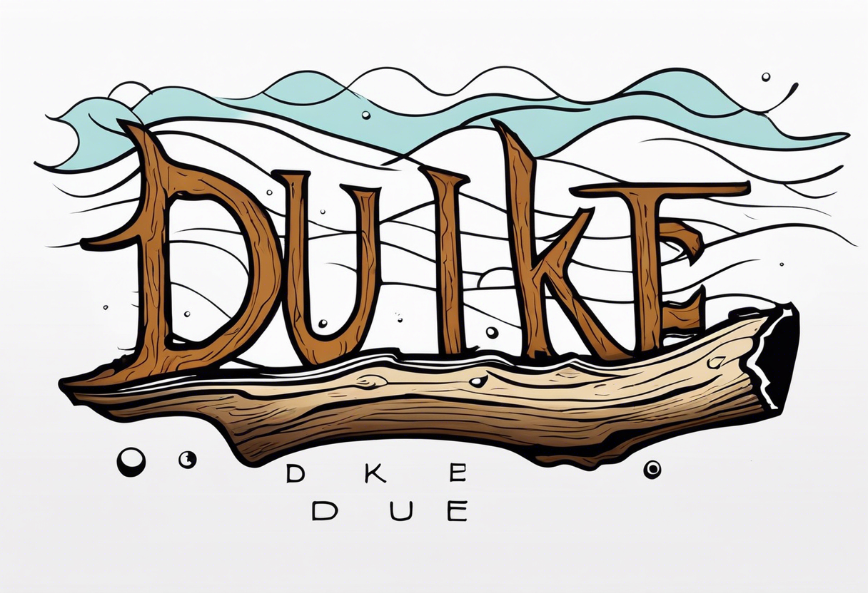 piece of driftwood underwater with the word duke written in the wood tattoo idea