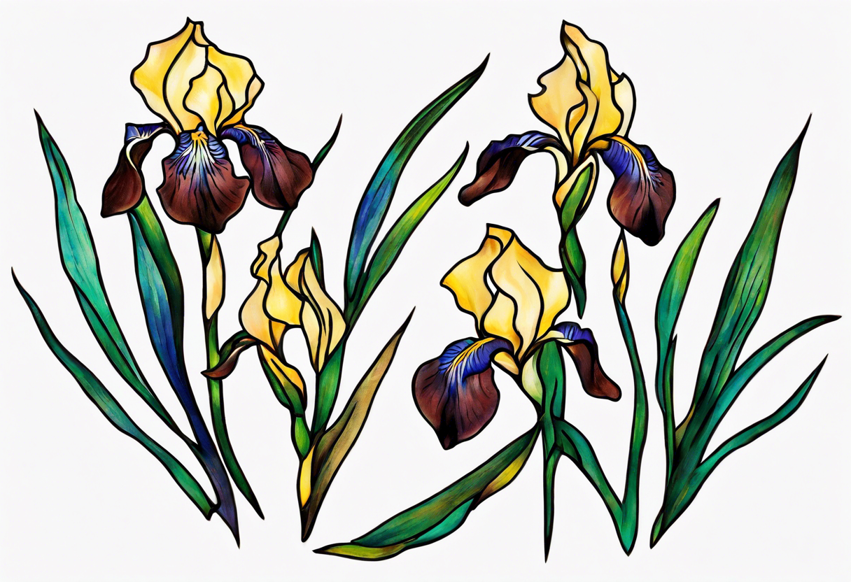 Create a small, colorful geometric Vincent van Gogh Irises tattoo. Pay attention to the graceful flow of the vines and the placement of the irises to achieve a refined and elegant look. tattoo idea