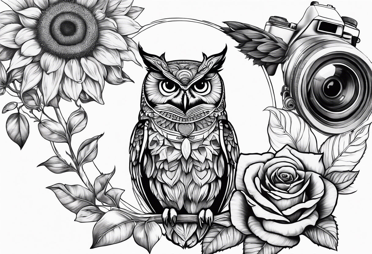 Sunflower, camera, book, owl, flower rose tattoo idea