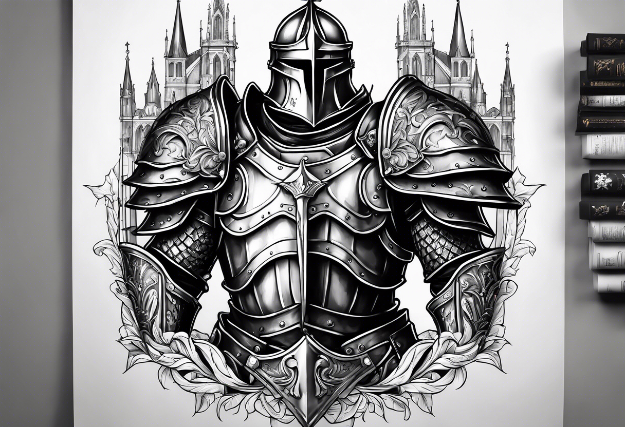 knight heavy armor in front of cathedral tattoo idea