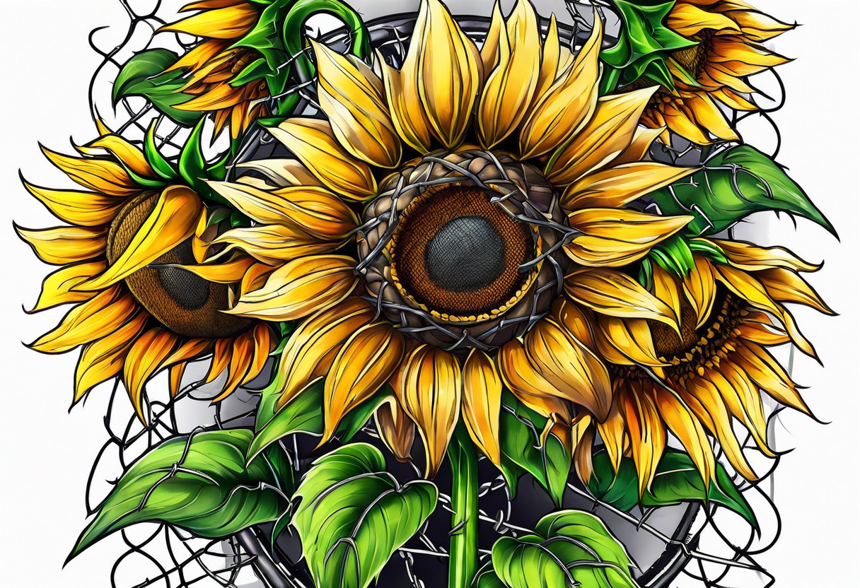 Sunflower, wheat, and barbed wire half sleeve tattoo idea