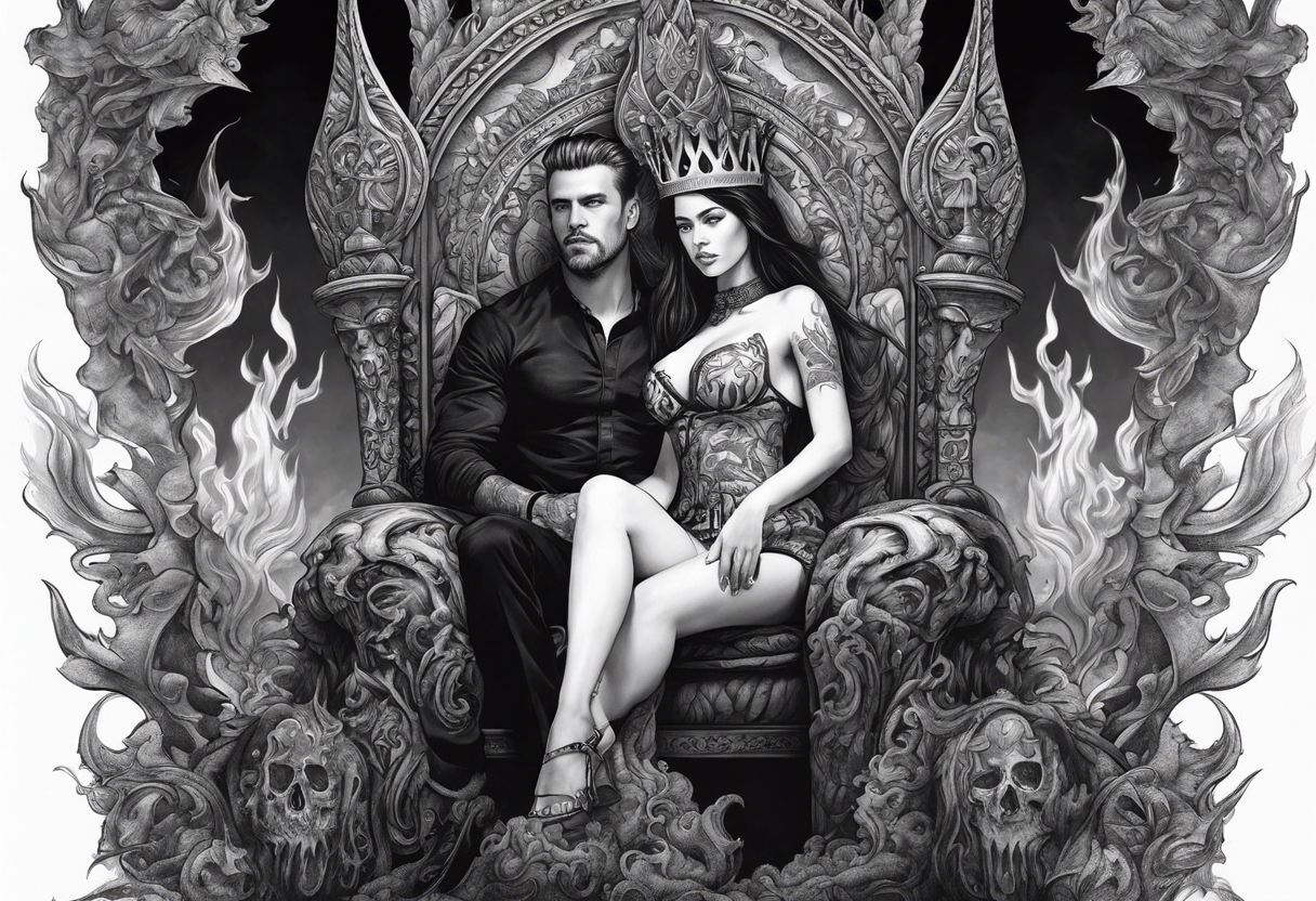 A man wearing a black crown and and a women on a throne in Hell sitting on skulls with flame above tattoo idea