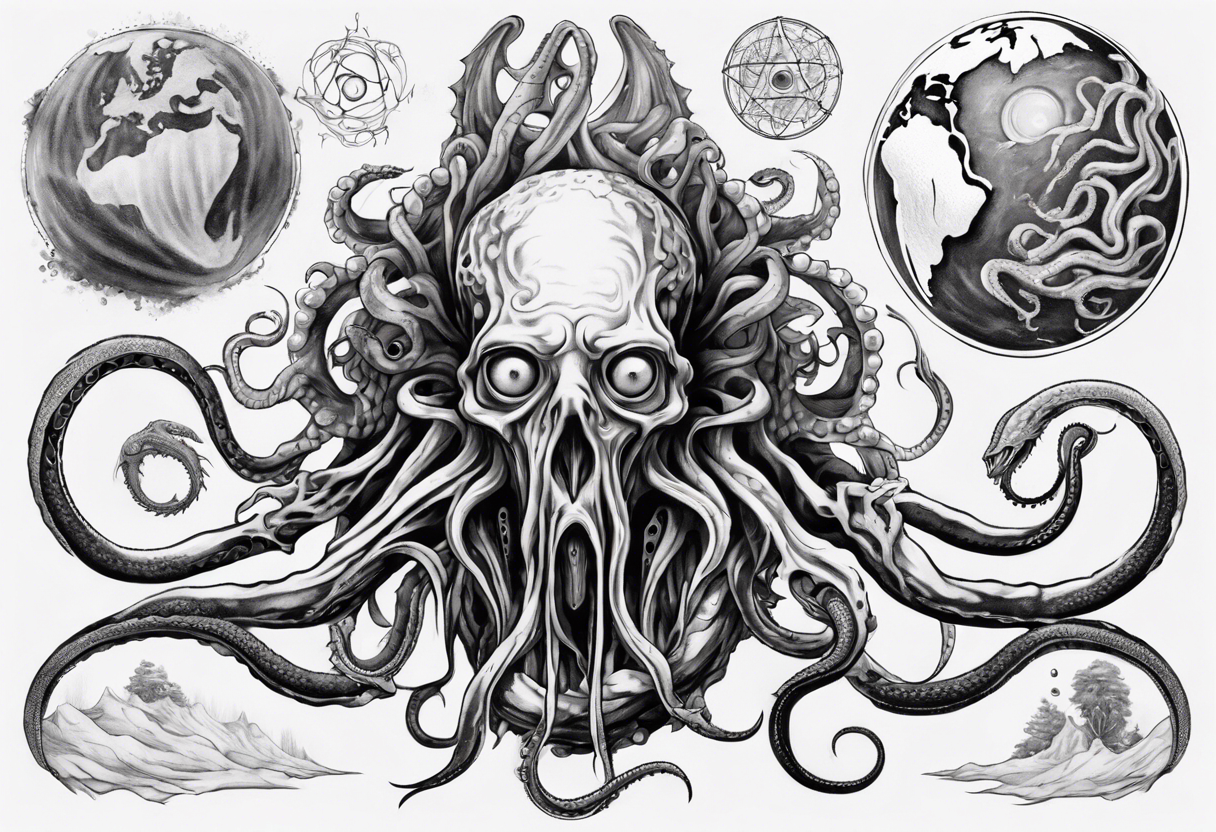 a tattoo on the theme of lovecraft, with long tentacles that embrace the earth tattoo idea