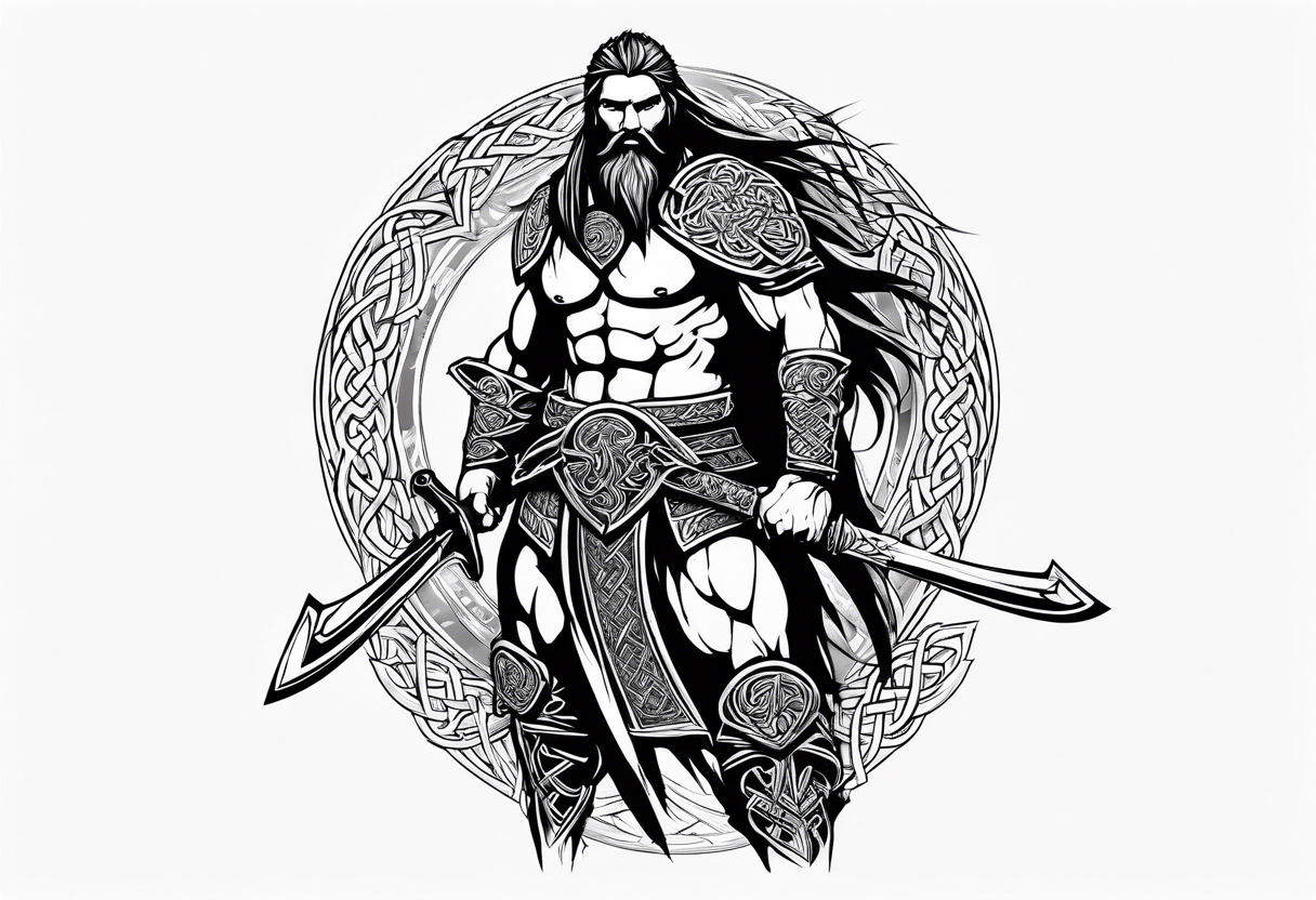 Full body side profile of Celtic warrior with weapons unsheathed tattoo idea