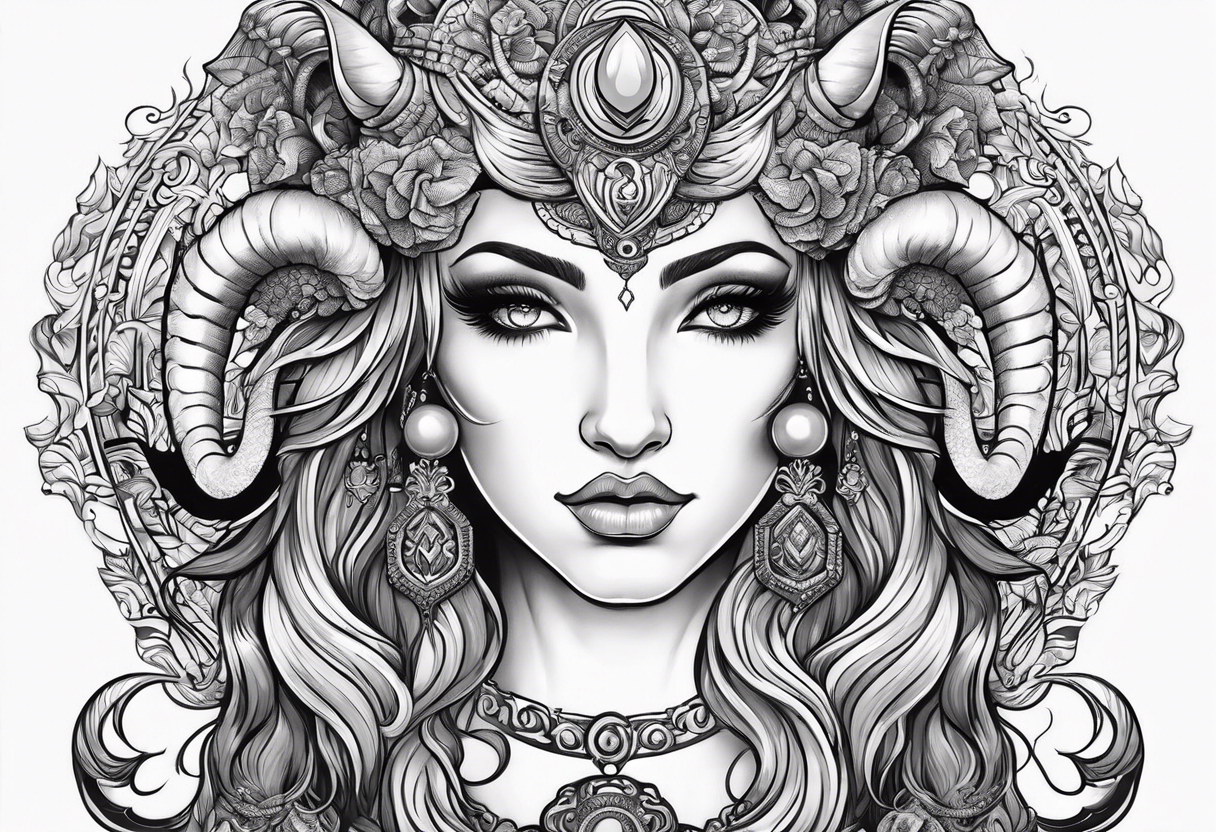 Aries goddess with ram horns tattoo idea