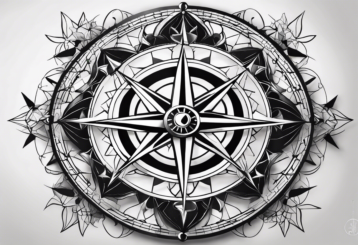 a classic compass rose as the central element, Overlaying the compass rose is a simplified molecular structure of serotonin tattoo idea