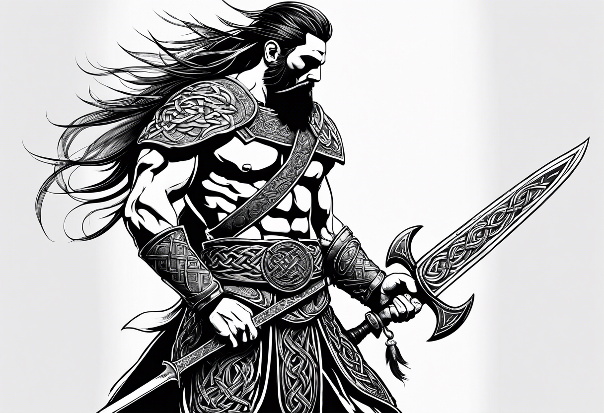 Full body side profile of Celtic warrior with weapons unsheathed tattoo idea