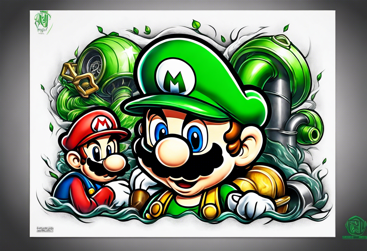 Mario and Luigi sucked down a big green pipe tattoo idea