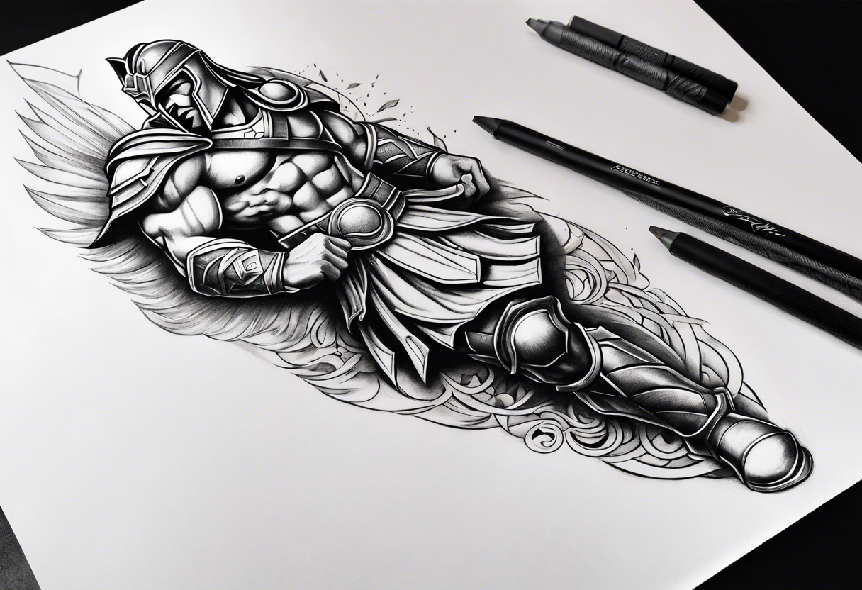 Leg sleeve of Spartan Greaves tattoo idea