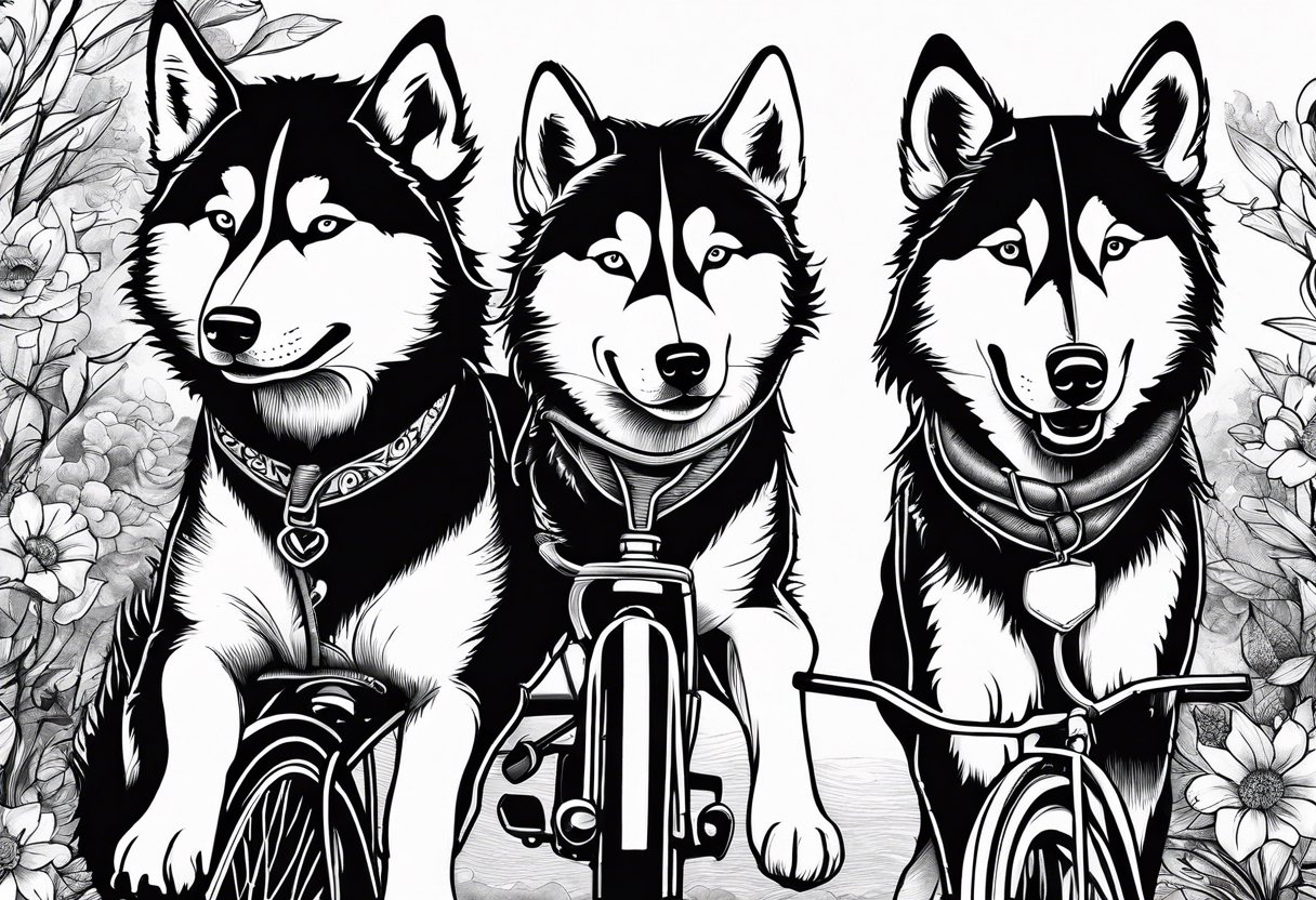 Two huskies riding bicycles tattoo idea