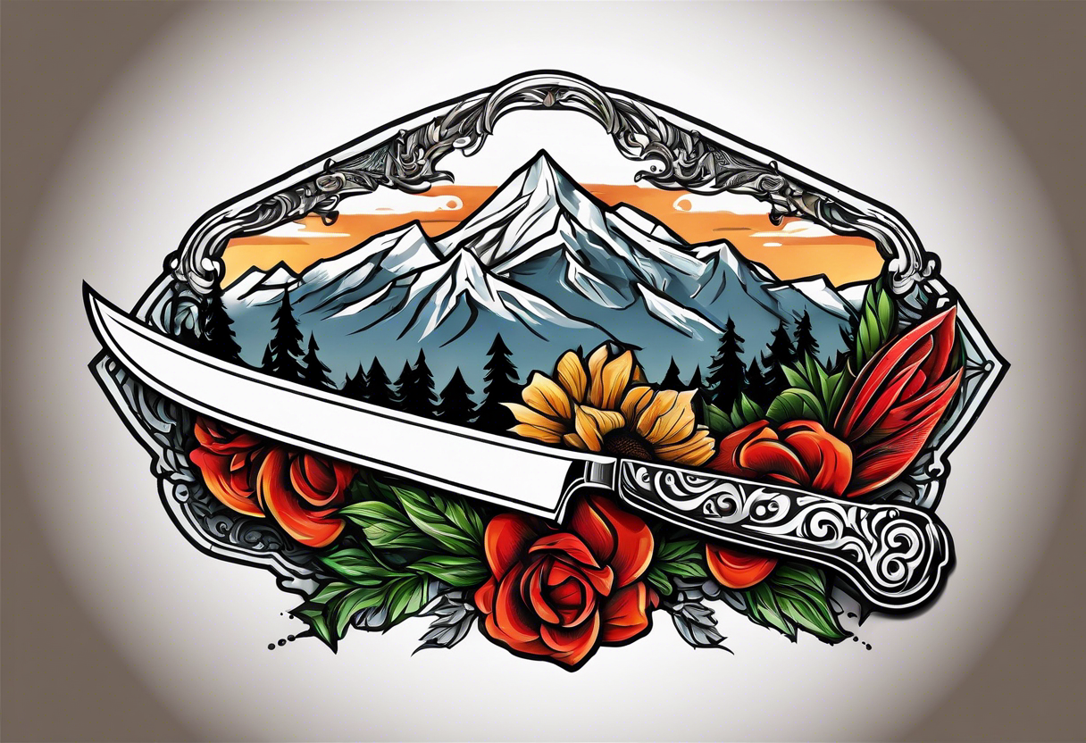 Chef knive with mountain range on the blade of the knife tattoo idea