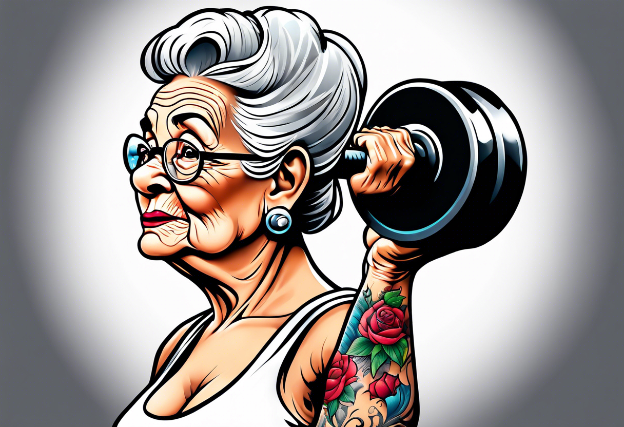 Strong old lady lifting weights. tattoo idea