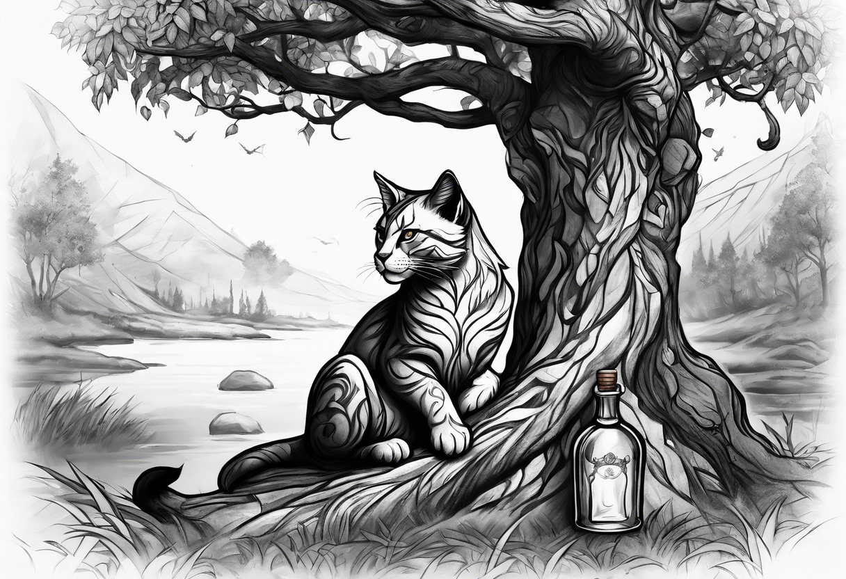 Khajiit sitting under a tree with an empty skooma bottle tattoo idea