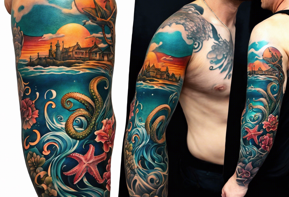 Full sleeve arm tattoo with octopus and sea scene tattoo idea