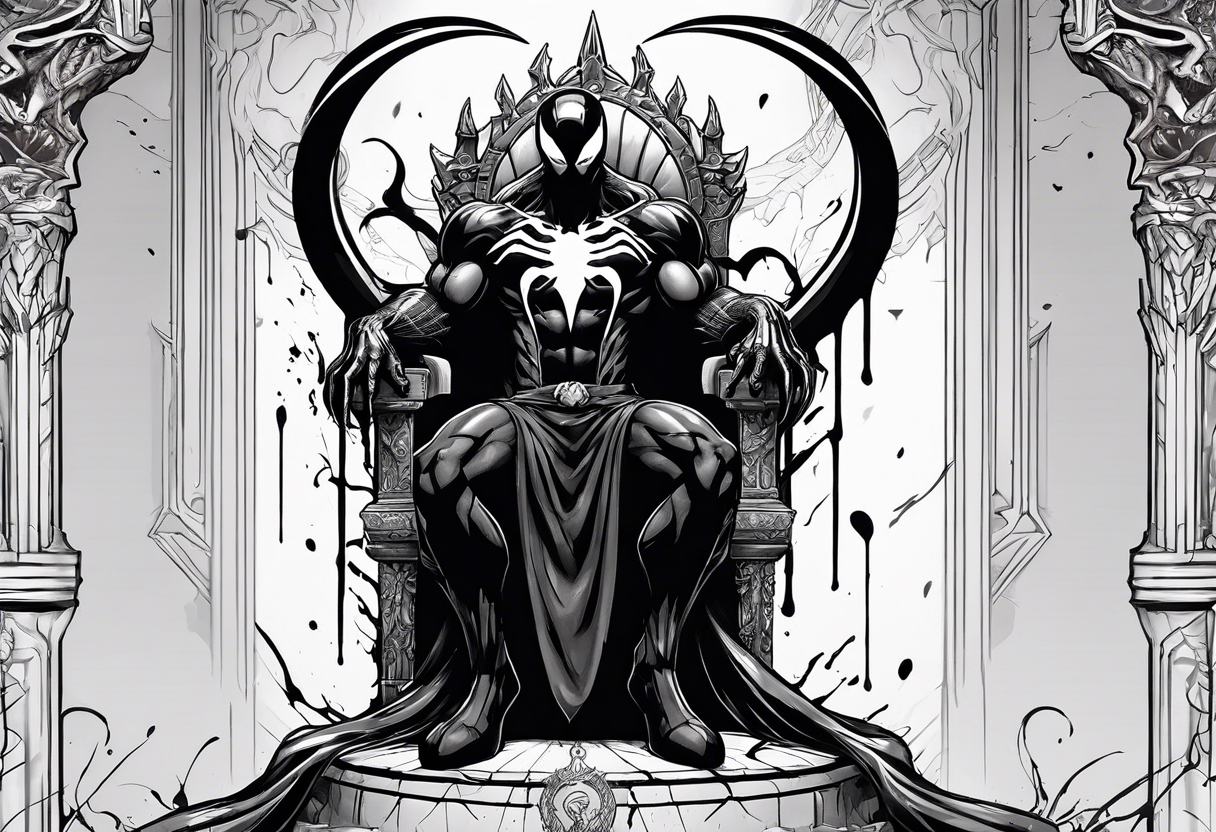 Smiling Venom on the symbiote throne with paint drip with Kobe’s black mamba symbol on the chest tattoo idea