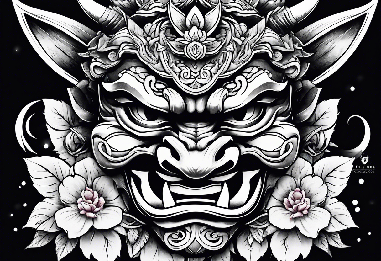 oni mask with flower petals around it tattoo idea