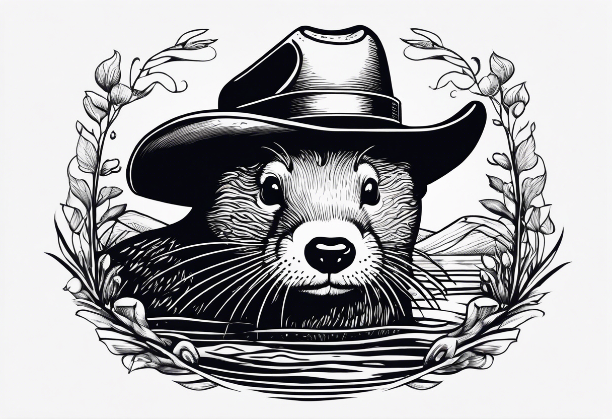 an otter floating on its back in a lake with a cowboy hat tattoo idea