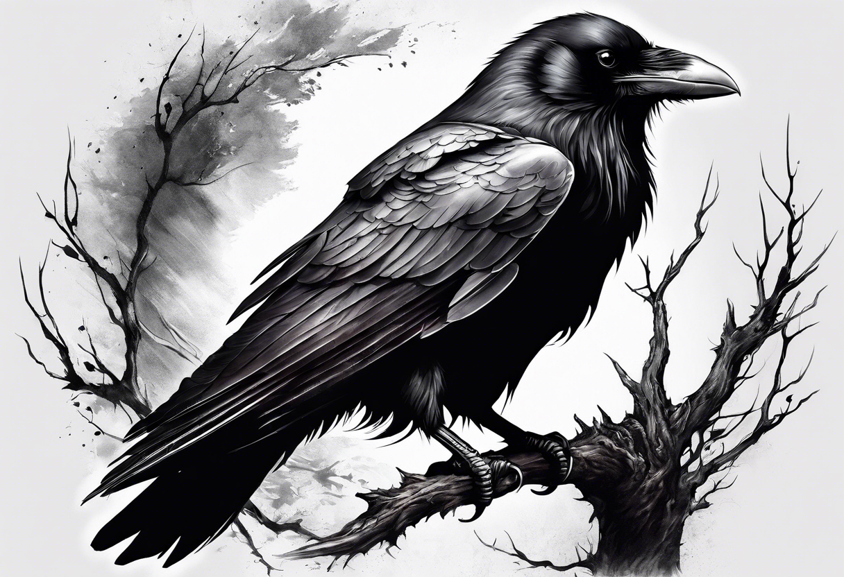 Generate a standing raven tattoo. With blank eyes, tongue out tattoo idea