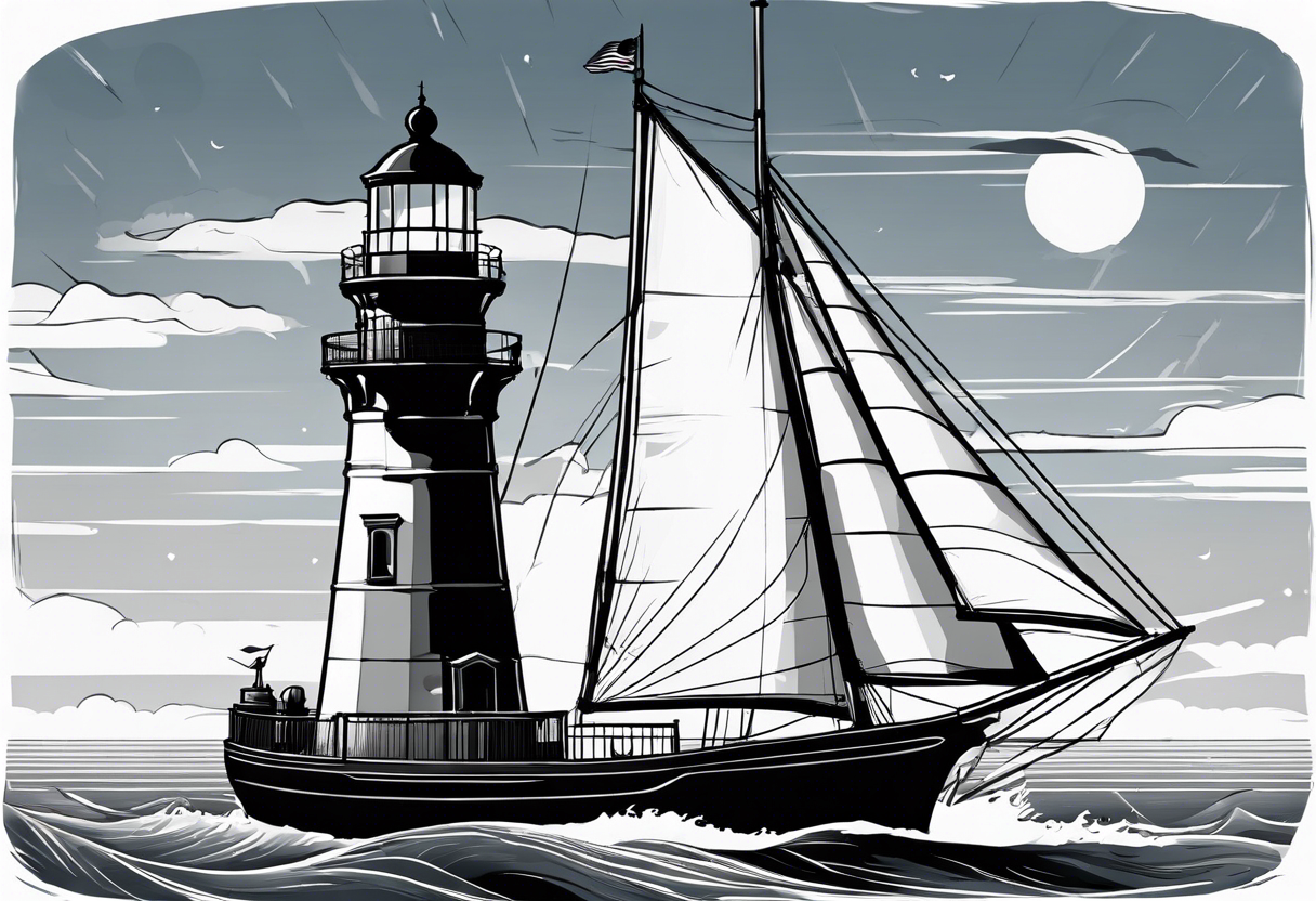 maritime lighthouse with 2 large sails attached. tattoo idea