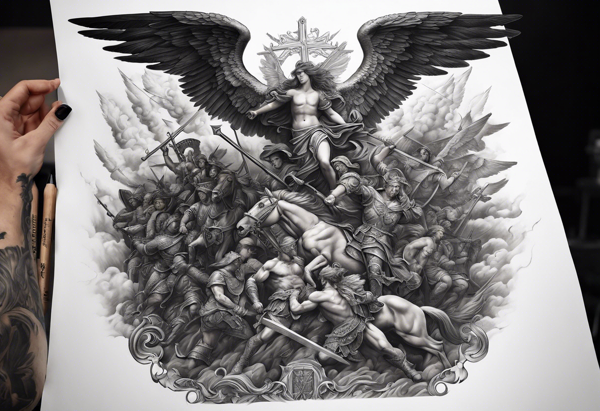 Full back piece depicting the war between angels above and demons below, with a trail up the middle of people carrying crosses up to heaven. tattoo idea