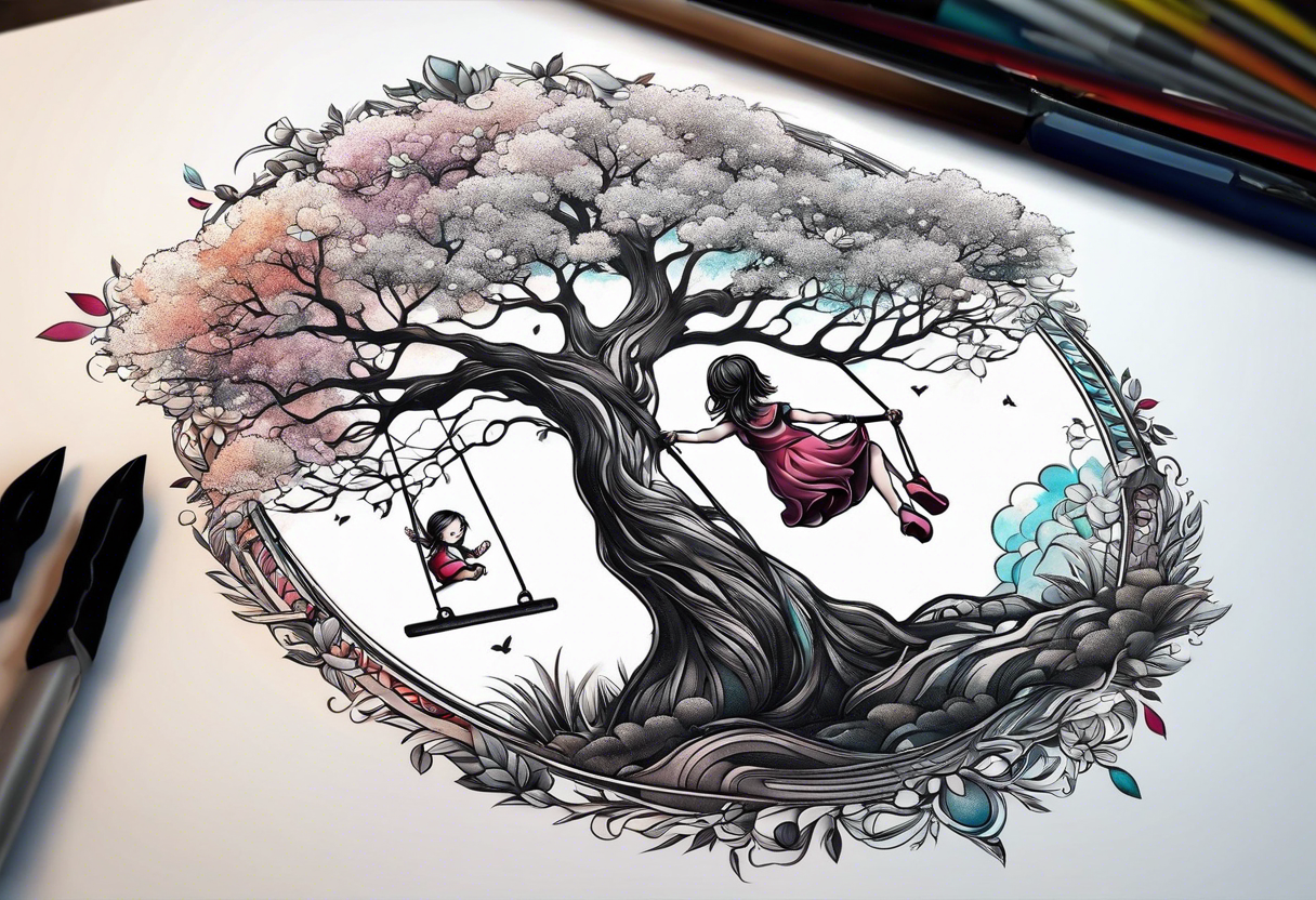 little girl swinging under a tree of life tattoo idea