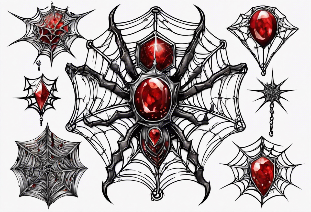 Tangled spiderweb in the shape of a jewel with blood drops and dragon spikes tattoo idea