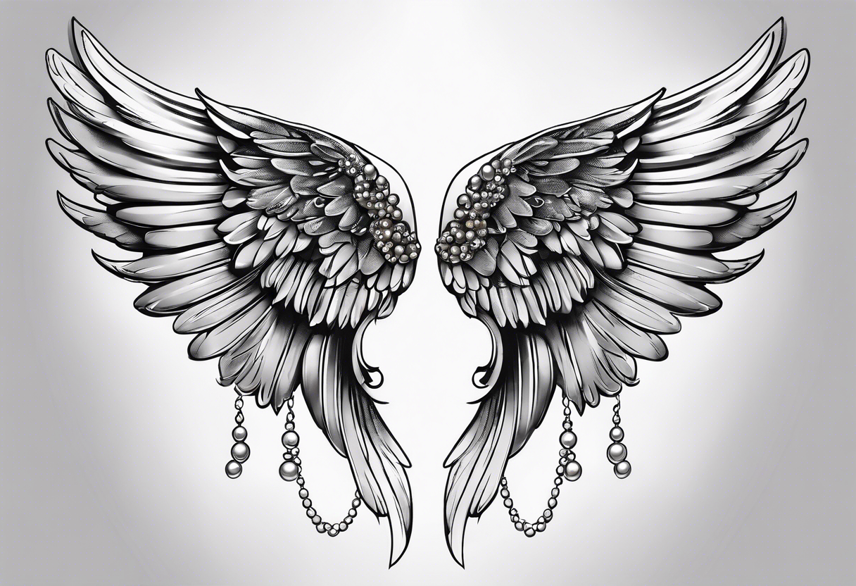 realistic delicate angel wings with pearls tattoo idea