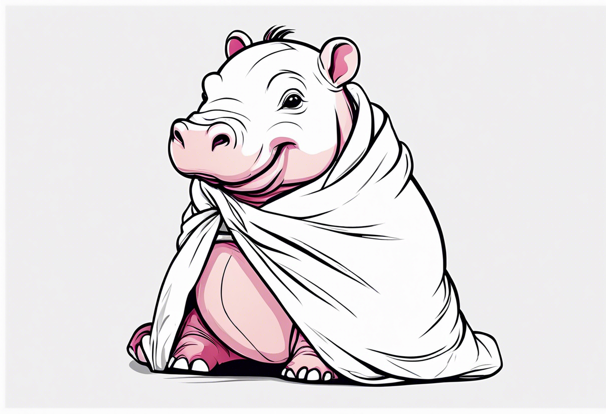 Baby hippopotamus wrapped in a swaddle and has a knife sideways in its mouth tattoo idea