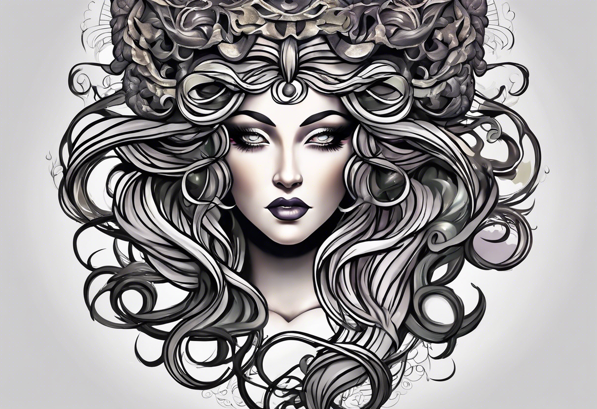 Medusa head with a mysterious expression, capturing both her allure and danger. Blend dream-like qualities with the striking figure of Medusa. Render on a thigh tattoo idea