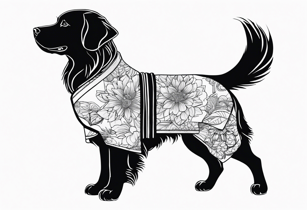 a golden retriever in a kimono full body view wearing a black belt tattoo idea