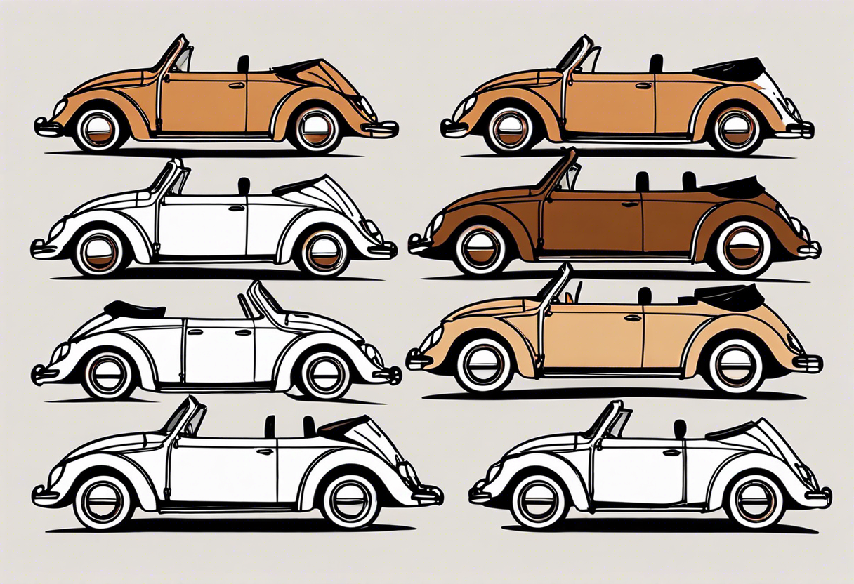 VW beetle convertible, side profile, top-down, modern, linework, minimal, no shadow, no solid shading, brown lines tattoo idea