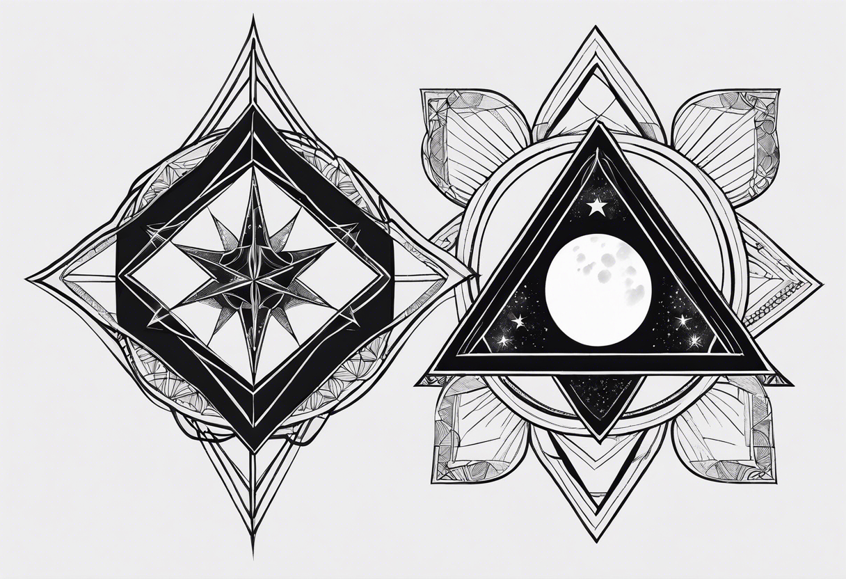 Blackwork tattoo with sun, moon, triangles with sacred geometry tattoo  design 9318421 Vector Art at Vecteezy