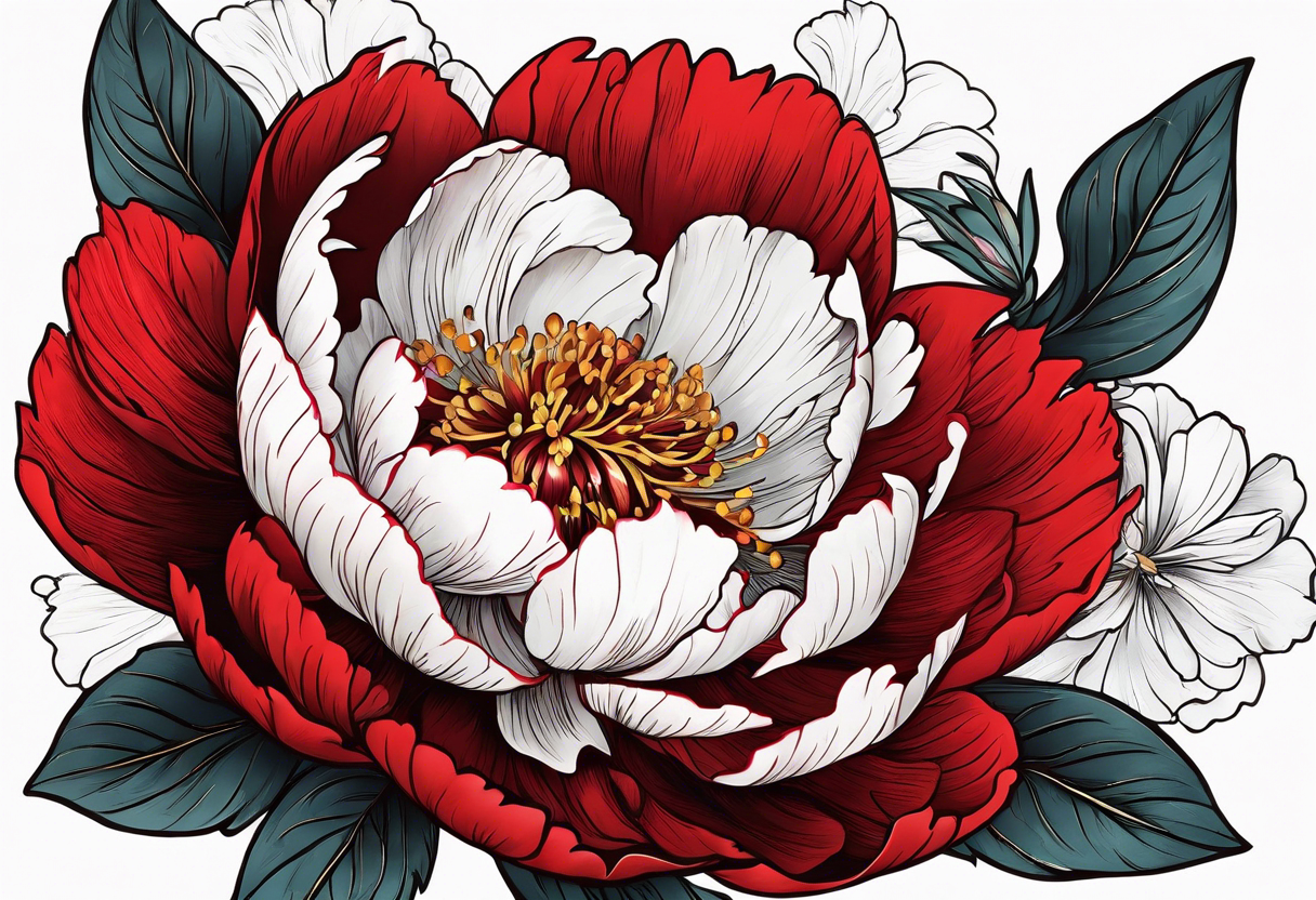 Red peony with floating petals with a tiny rabbit tattoo idea