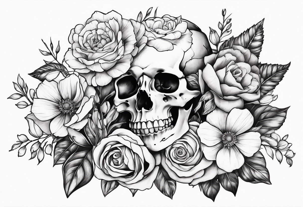 Skeleton hand holding bouqet of flowers tattoo idea