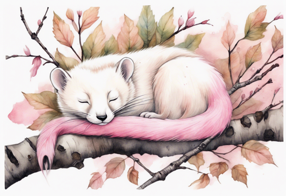 watercolor of an ermine covered in pink fur sleeping in the branches of a birch tree tattoo idea