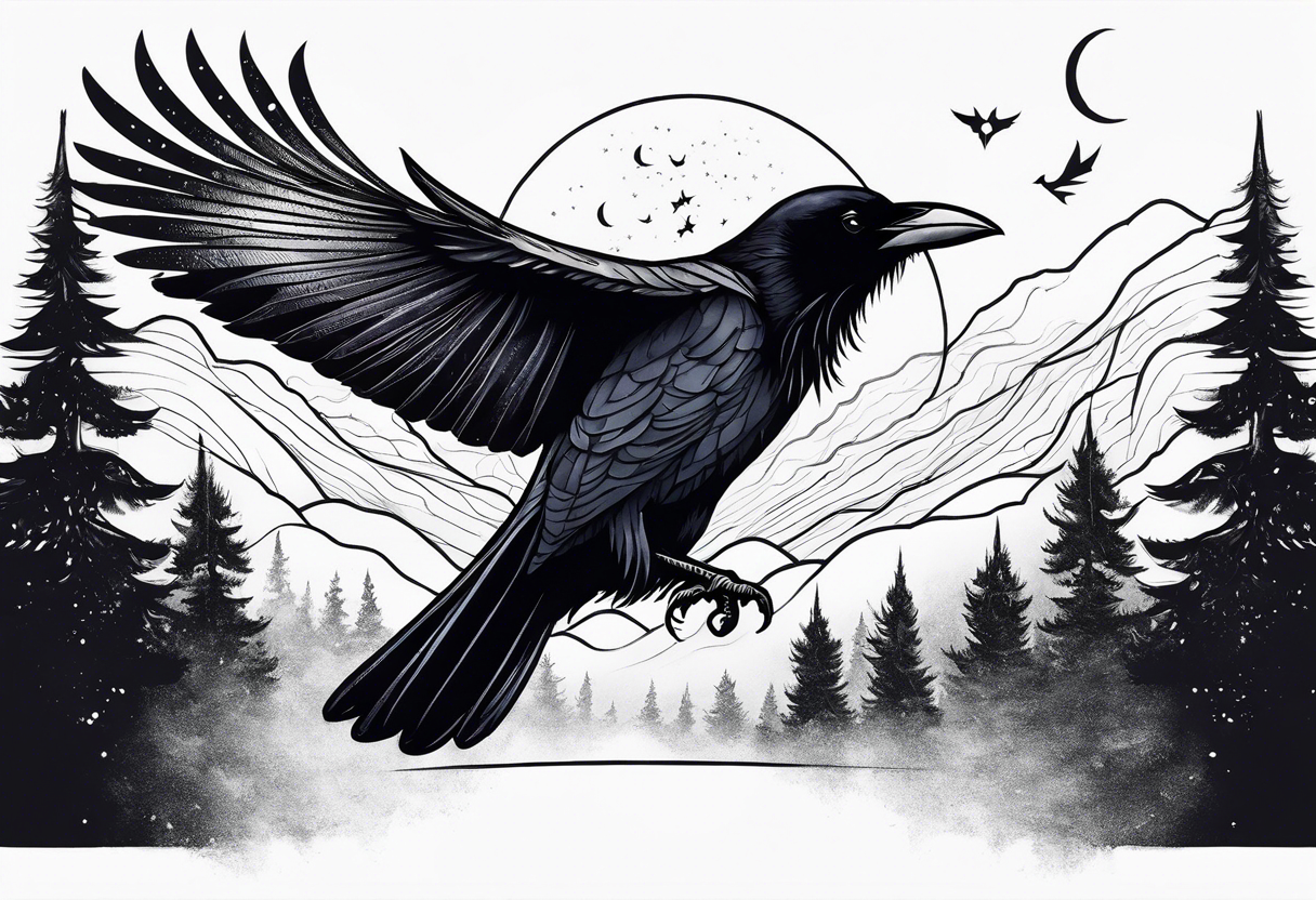 Raven swooping, occult, mystical, knowing, light behind its eyes, ethereal, night sky and trees in the background tattoo idea