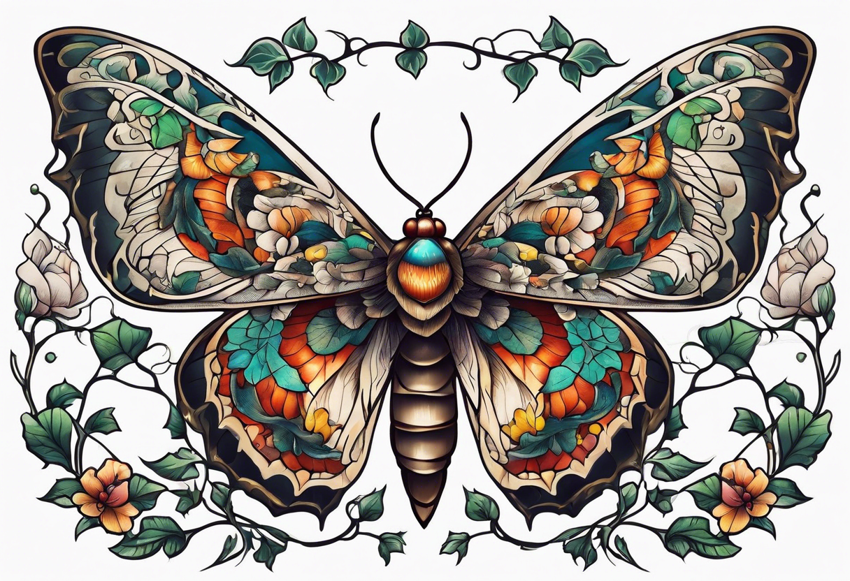 Moth flying around and winding ivy tattoo idea