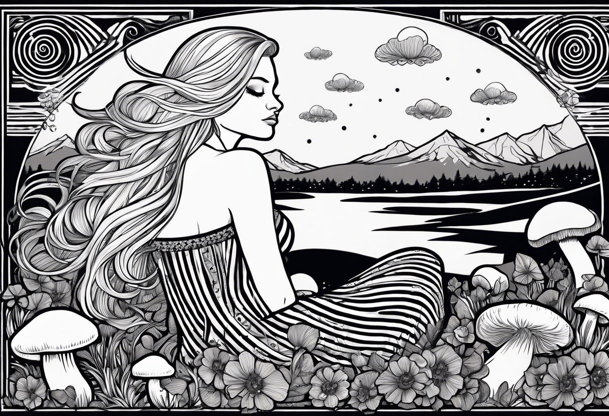 Straight blonde hair girl in black and white striped dress sleeping back facing
in a field of mushrooms with mountains s
and crescent moon mandala background tattoo idea