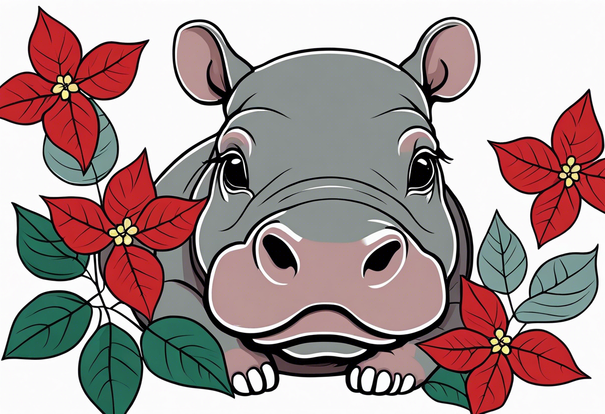 Baby hippo with poinsettia tattoo idea