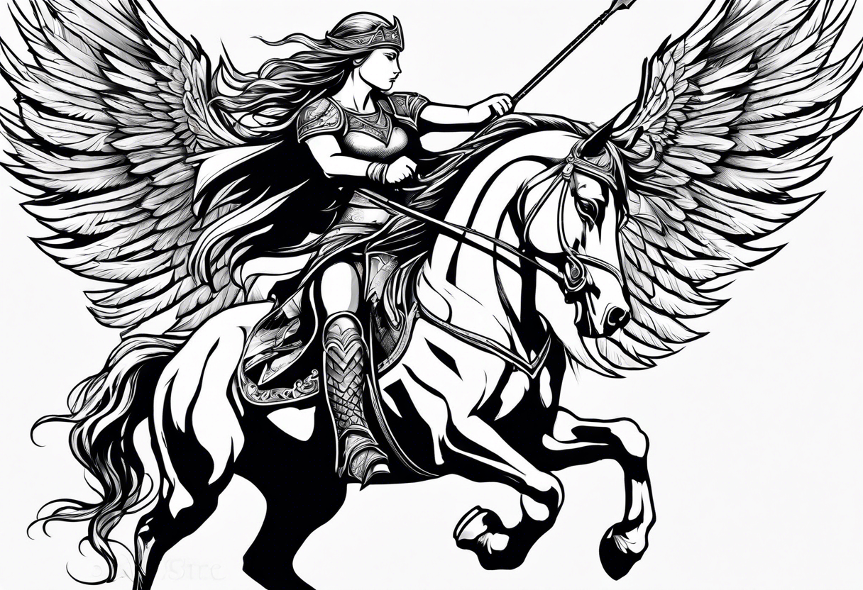 Valkyrie on winged Pegasus, flight, holding spear, looking down tattoo idea