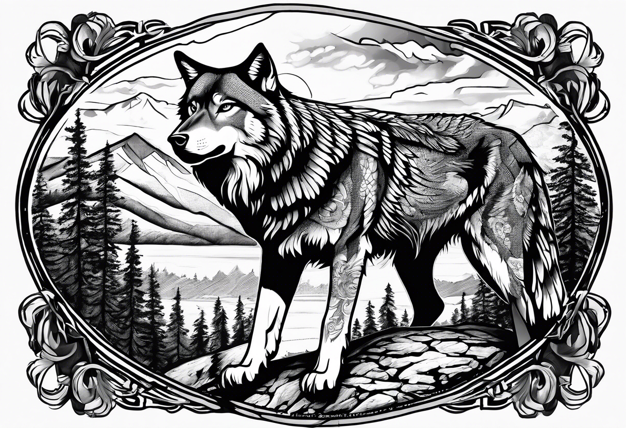 Hawk, Wolf, Nature Scenery, names Grayson, Bennett, Layden, Xavian, Amelia, Braxton tattoo idea