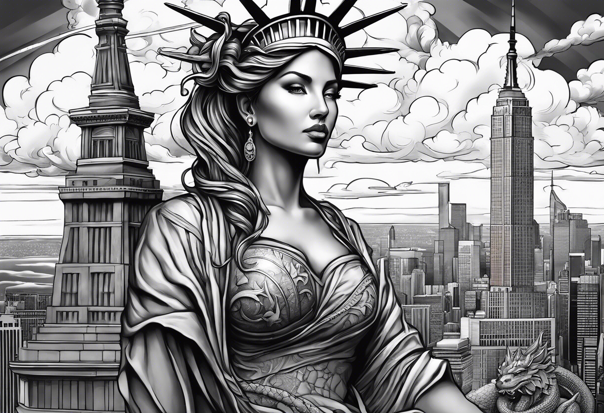 Hot girl as Statue of Liberty with dragon protecting her, full head in clouds tattoo idea