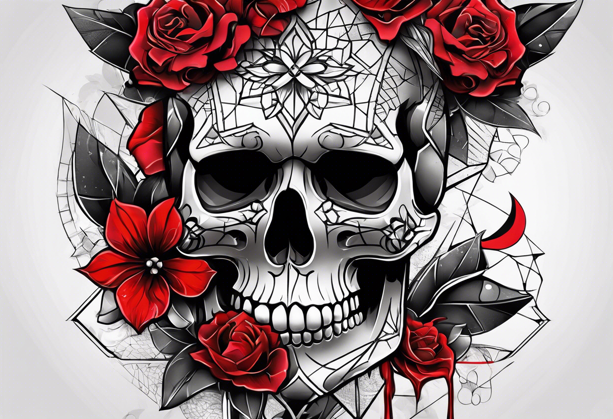 Skull Knee tattoo with flowers and geometric shapes, tints of red tattoo idea