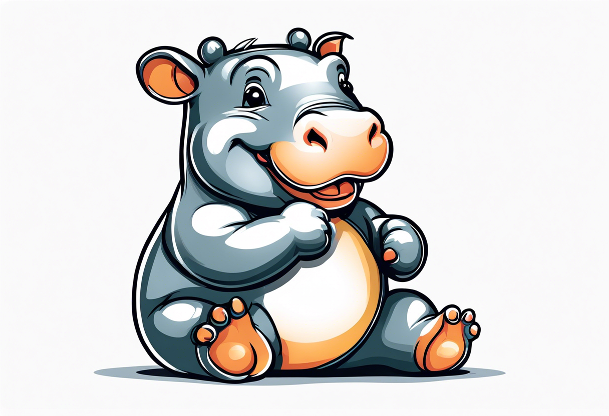 Baby hippo wearing a overalls and holding up his middle finger tattoo idea