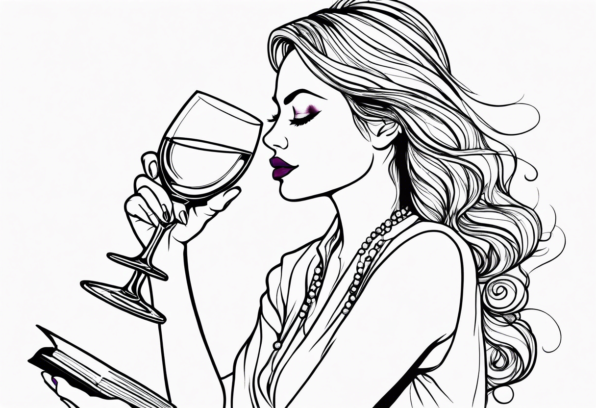 A one line drawing of a women drinking wine and reading a book tattoo idea