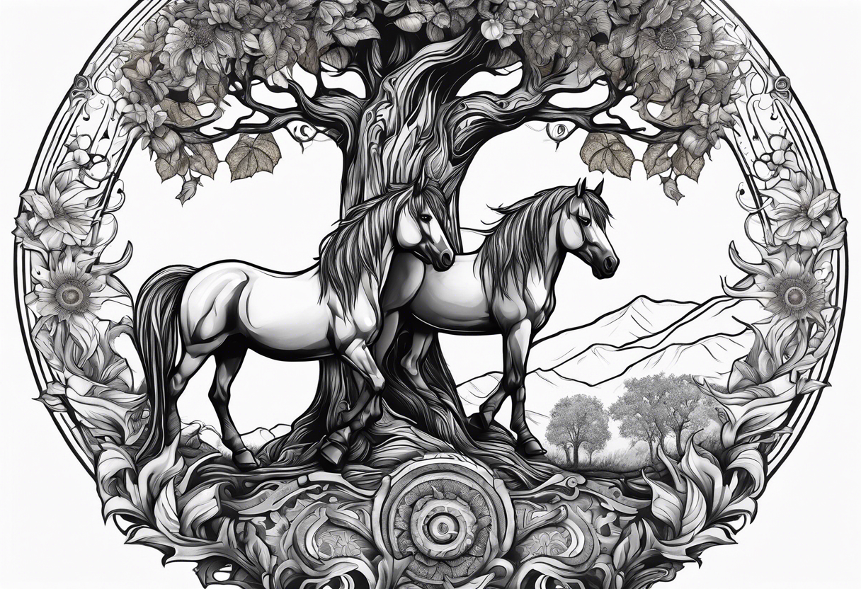 Yggdrasil tree, horse in front of it, and sunflowers tattoo idea